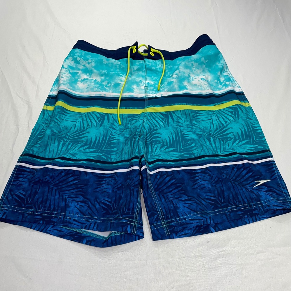 Speedo Mens Blue Teal Tropical Palm Leaf Stripe Board Shorts Swim Trunks Large